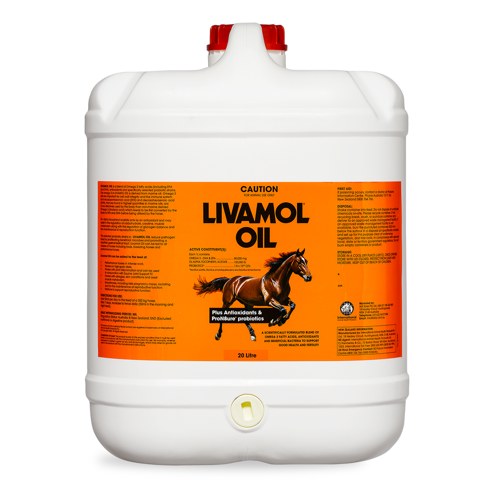 Livamol Oil 20 litre Horse Nutritional Supplement in white container