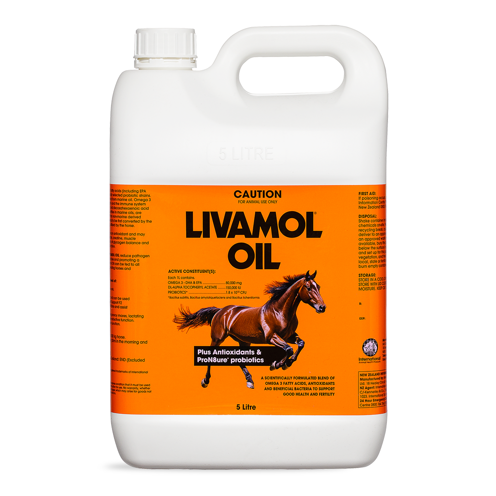 Livamol Oil 5 litre Horse Nutritional Supplement in translucent container